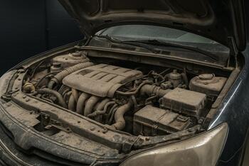 Engine bay before detail with trapped dust