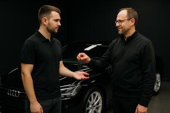 Key handoff at the studio exit after walkthrough