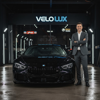 Owner with freshly detailed coupe at night lot