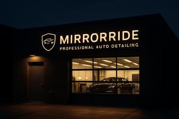 MirrorRide studio exterior with evening glow