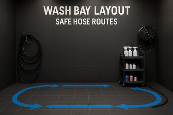 Wash bay layout with safe hose routes